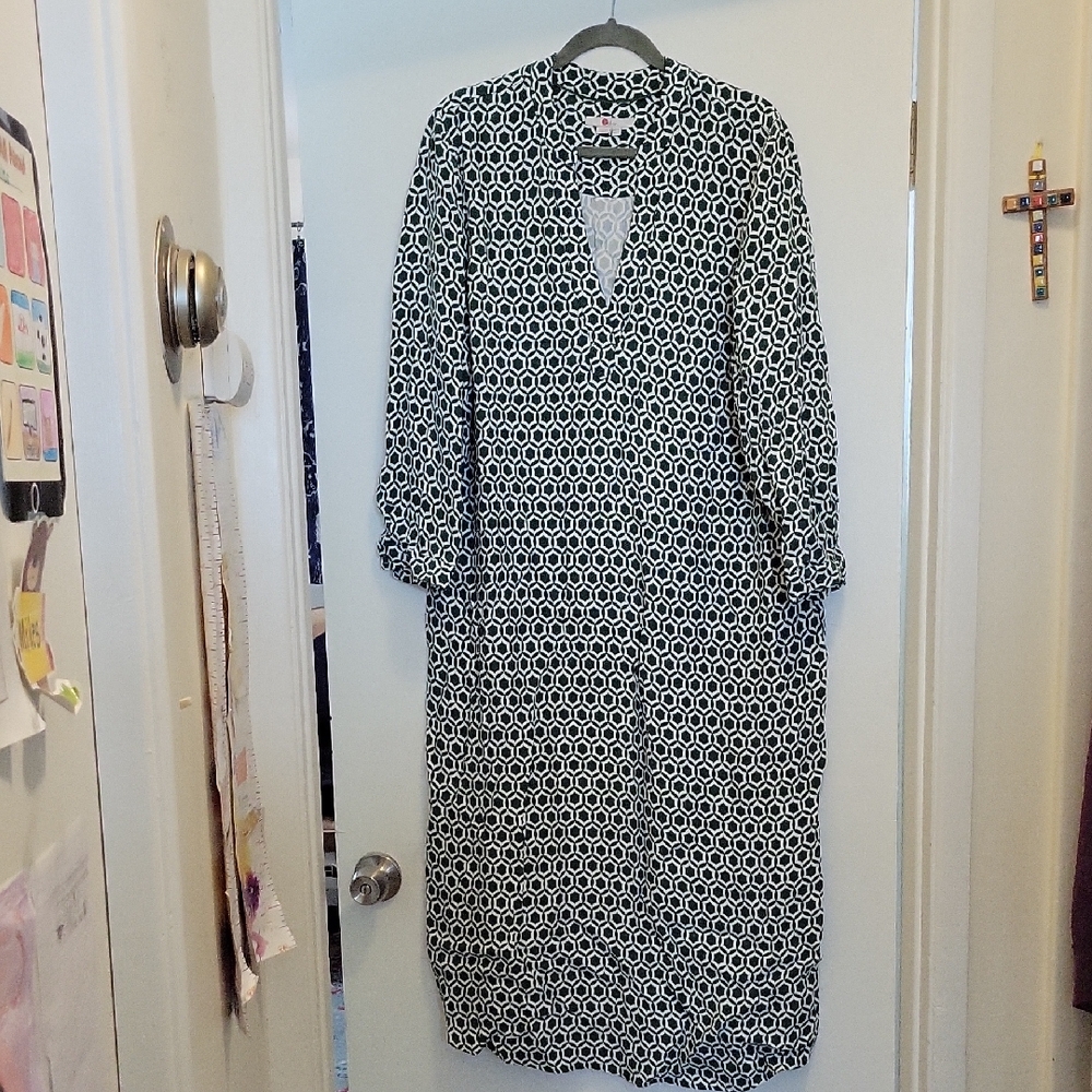 Boden Green and White Geometric Long Sleeve Dress